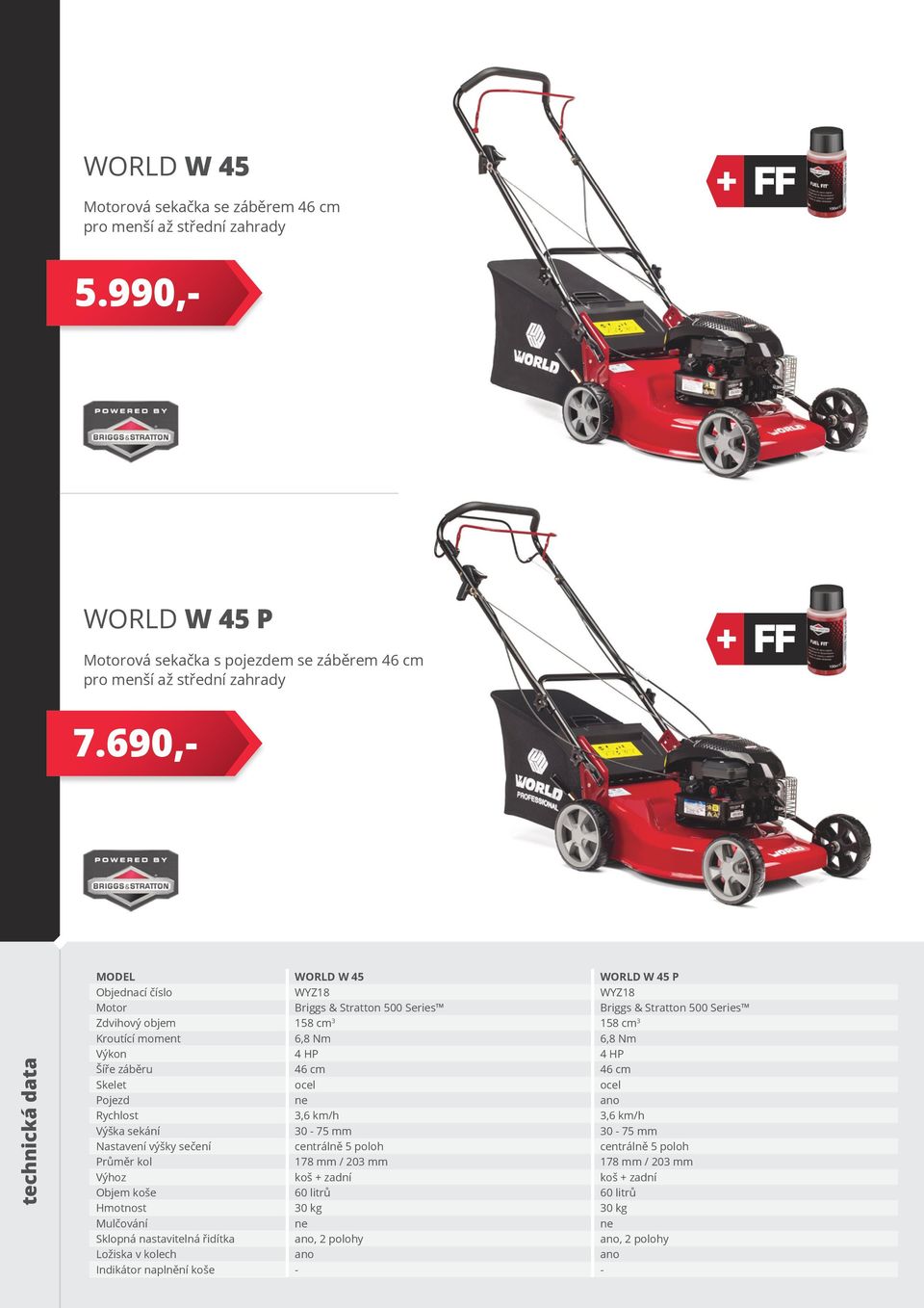 6,8 Nm Výkon 4 HP 4 HP Šíře záběru 46 cm 46 cm Skelet ocel ocel Pojezd ne ano Rychlost 3,6 km/h 3,6 km/h Výška sekání 30-75 mm 30-75 mm Nastavení výšky sečení centrálně 5 poloh centrálně 5 poloh