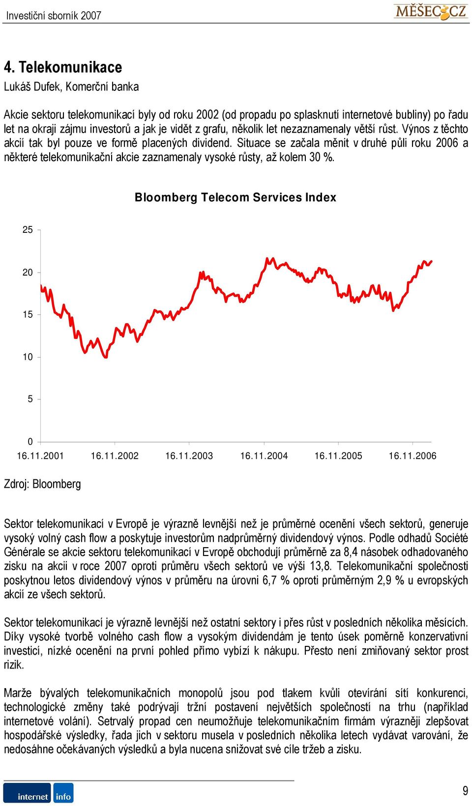 Situace se začala měnit v druhé půli roku 2006 a některé telekomunikační akcie zaznamenaly vysoké růsty, až kolem 30 %. Bloomberg Telecom Services Index 25 20 15 10 5 0 16.11.2001 16.11.2002 16.11.2003 16.