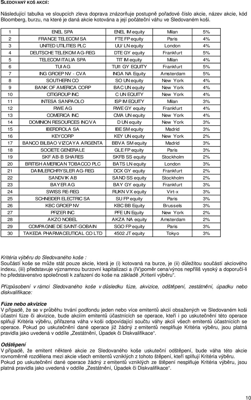 1 ENEL SPA ENEL IM equity Milan 5% 2 FRANCE TELECOM SA FTE FP equity Paris 4% 3 UNITED UTILITIES PLC UU/ LN equity London 4% 4 DEUTSCHE TELEKOM AG-REG DTE GY equity Frankfurt 5% 5 TELECOM ITALIA SPA