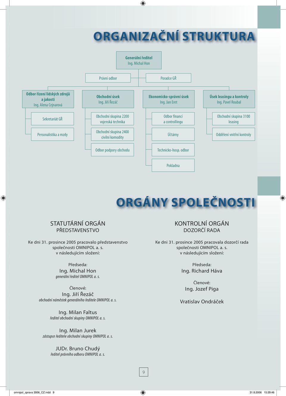 Pavel Roubal Sekretariát GŘ Obchodní skupina 2200 vojenská technika Odbor financí a controllingu Obchodní skupina 3100 leasing Personalistika a mzdy Obchodní skupina 2400 civilní komodity Účtárny