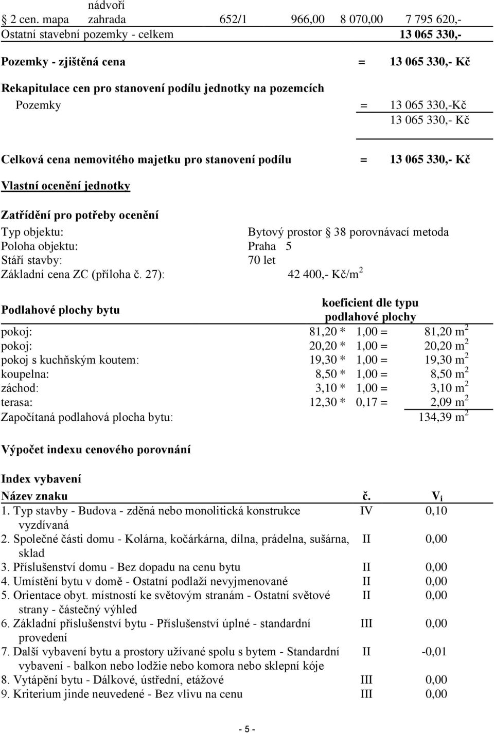 Pozemky = 13 065 330,-Kč 13 065 330,- Kč Celková cena nemovitého majetku pro stanovení podílu = 13 065 330,- Kč Vlastní ocenění jednotky Zatřídění pro potřeby ocenění Typ objektu: Bytový prostor 38