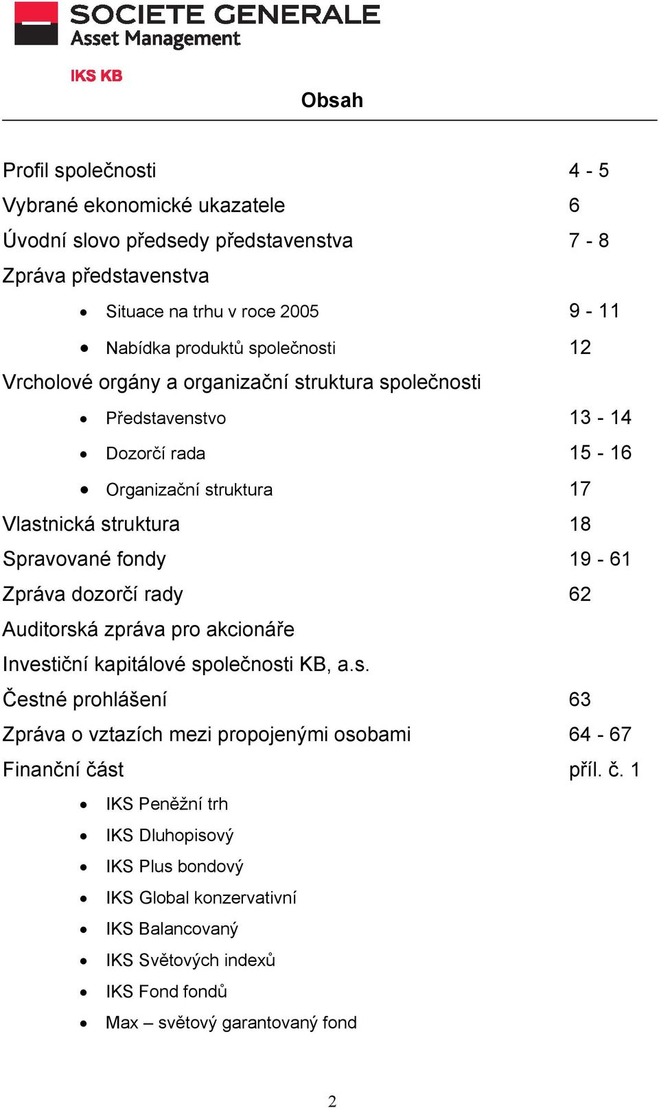 19-61 Zpráva dozorčí rady 62 Auditorská zpráva pro akcionáře Investiční kapitálové společnosti KB, Čestné prohlášení 63 Zpráva o vztazích mezi propojenými osobami 64-67