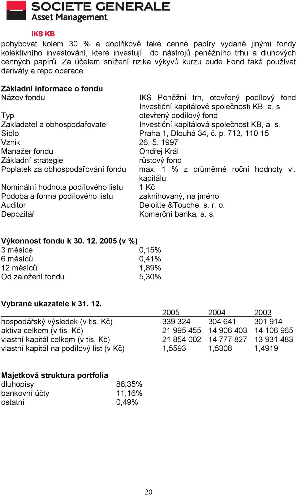 Základní informace o fondu Název fondu IKS Peněžní trh, otevřený podílový fond Investiční kapitálové společnosti KB, a. s. Typ otevřený podílový fond Zakladatel a obhospodařovatel Investiční kapitálová společnost KB, a.