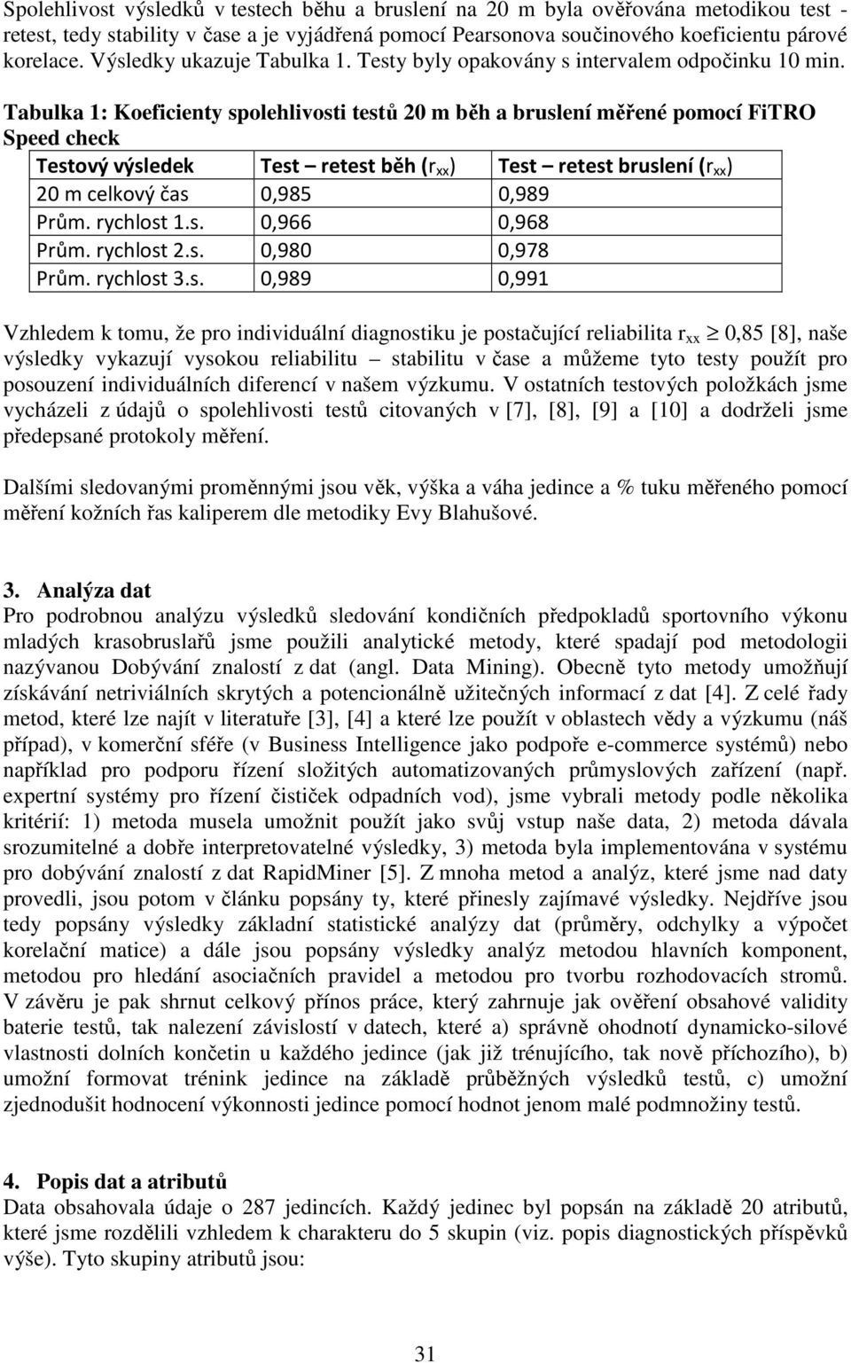 Tabulka 1: Koeficienty spolehlivosti testů 20 m běh a bruslení měřené pomocí FiTRO Speed check Testový výsledek Test retest běh (r xx ) Test retest bruslení (r xx ) 20 m celkový čas 0,985 0,989 Prům.