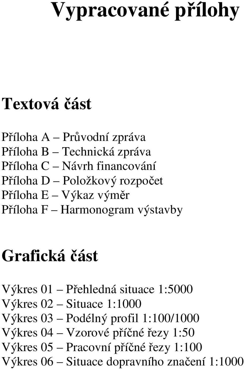 část Výkres 01 Přehledná situace 1:5000 Výkres 02 Situace 1:1000 Výkres 03 Podélný profil 1:100/1000