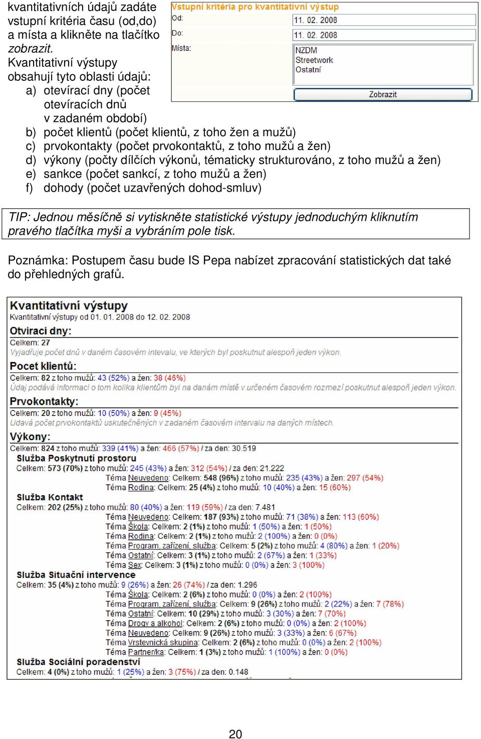 prvokontakty (počet prvokontaktů, z toho mužů a žen) d) výkony (počty dílčích výkonů, tématicky strukturováno, z toho mužů a žen) e) sankce (počet sankcí, z toho mužů a žen)