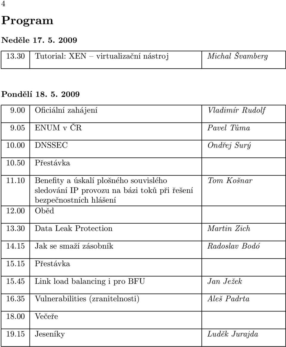 10 Benefity a úskalí plošného souvislého sledování IP provozu na bázi toků při řešení bezpečnostních hlášení 12.00 Oběd Tom Košnar 13.
