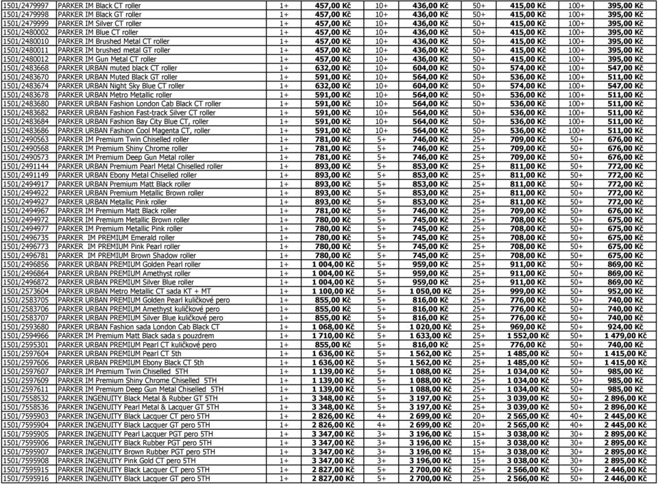 1501/2480010 PARKER IM Brushed Metal CT roller 1+ 457,00 Kč 10+ 436,00 Kč 50+ 415,00 Kč 100+ 395,00 Kč 1501/2480011 PARKER IM brushed metal GT roller 1+ 457,00 Kč 10+ 436,00 Kč 50+ 415,00 Kč 100+