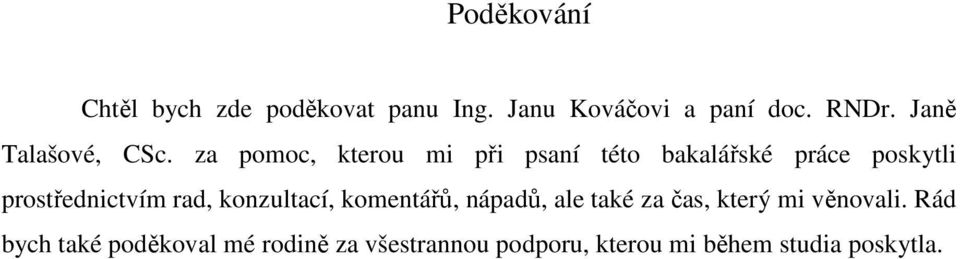 za pomoc, kterou mi při psaní této bakalářské práce poskytli prostřednictvím rad,