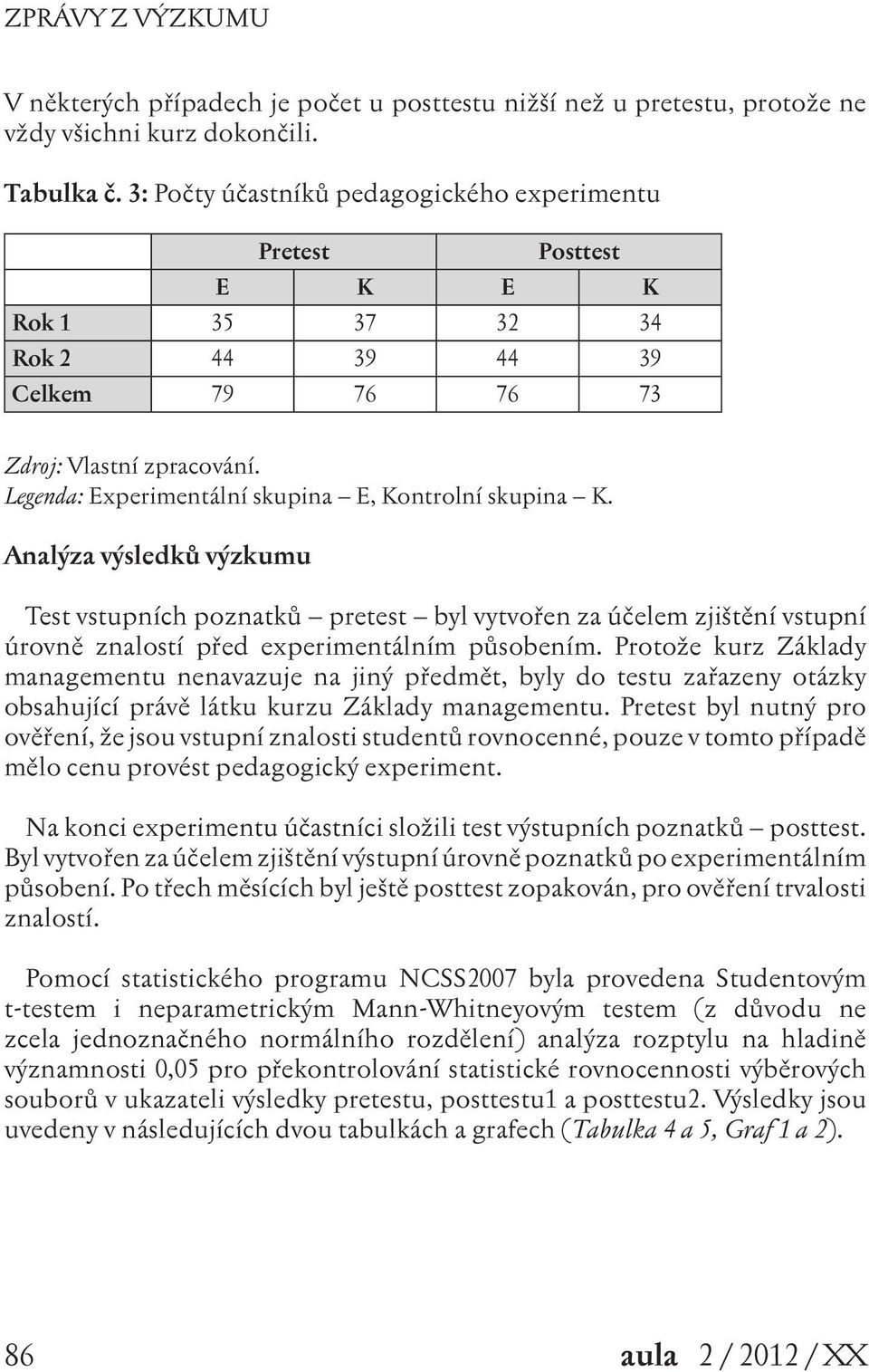 Legenda: Experimentální skupina E, Kontrolní skupina K. Analýza výsledků výzkumu Test vstupních poznatků pretest byl vytvořen za účelem zjištění vstupní úrovně znalostí před experimentálním působením.