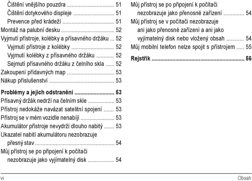 .. 53 Můj přístroj se po připojení k počítači nezobrazuje jako přenosné zařízení... 54 Můj přístroj se v počítači nezobrazuje ani jako přenosné zařízení a ani jako vyjímatelný disk nebo vložený obsah.