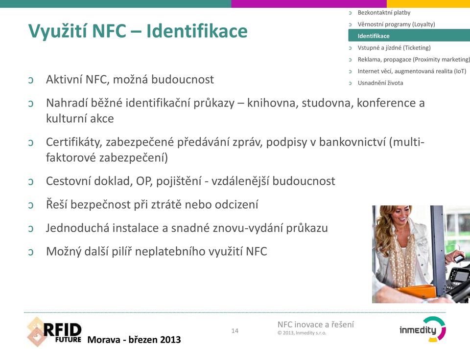 při ztrátě nebo odcizení Jednoduchá instalace a snadné znovu-vydání průkazu Možný další pilíř neplatebního využití NFC Bezkontaktní platby Věrnostní