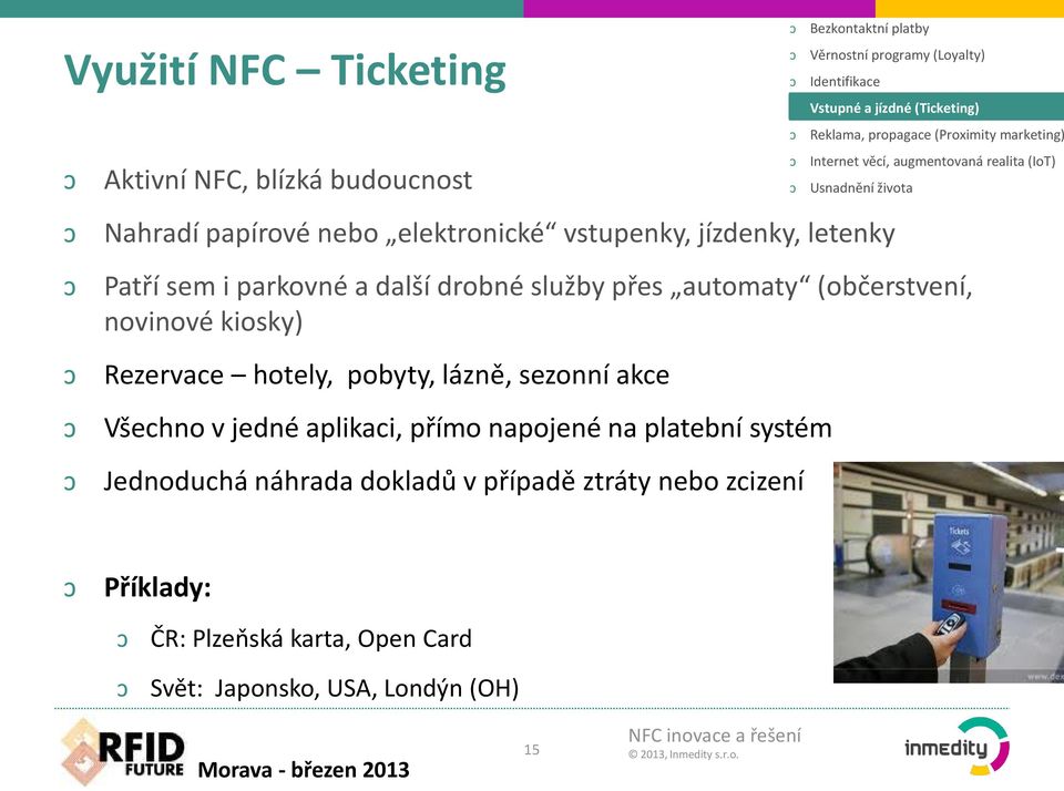 Jednoduchá náhrada dokladů v případě ztráty nebo zcizení Bezkontaktní platby Věrnostní programy (Loyalty) Identifikace Vstupné a jízdné (Ticketing) Reklama,