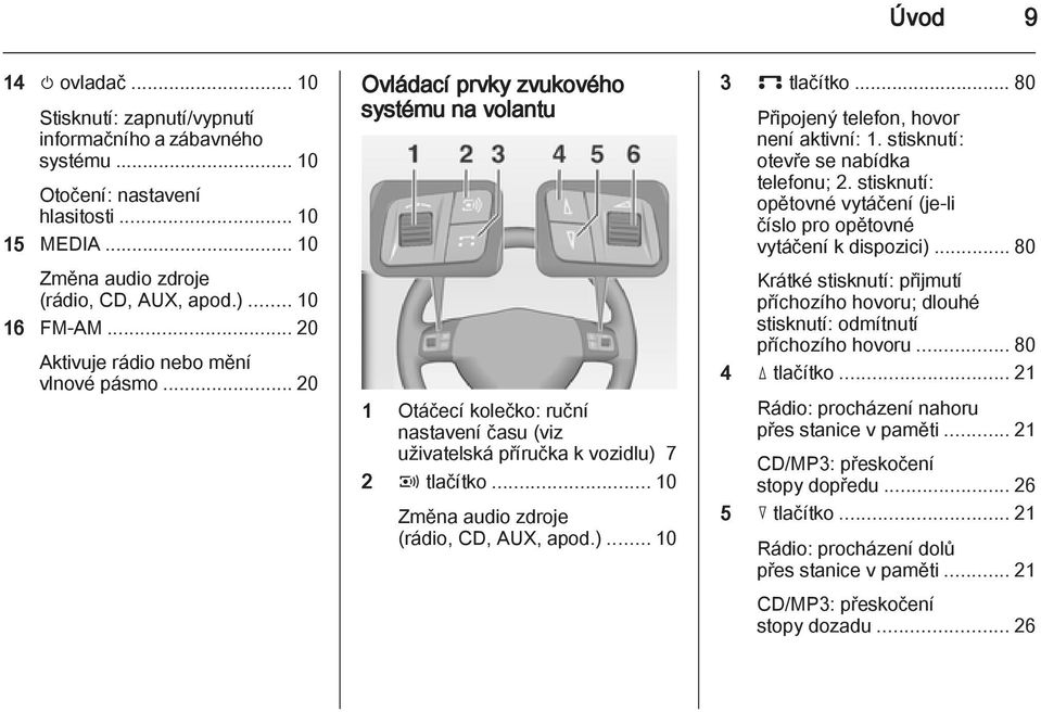 .. 10 Změna audio zdroje (rádio, CD, AUX, apod.)...10 3 p tlačítko... 80 Připojený telefon, hovor není aktivní: 1. stisknutí: otevře se nabídka telefonu; 2.