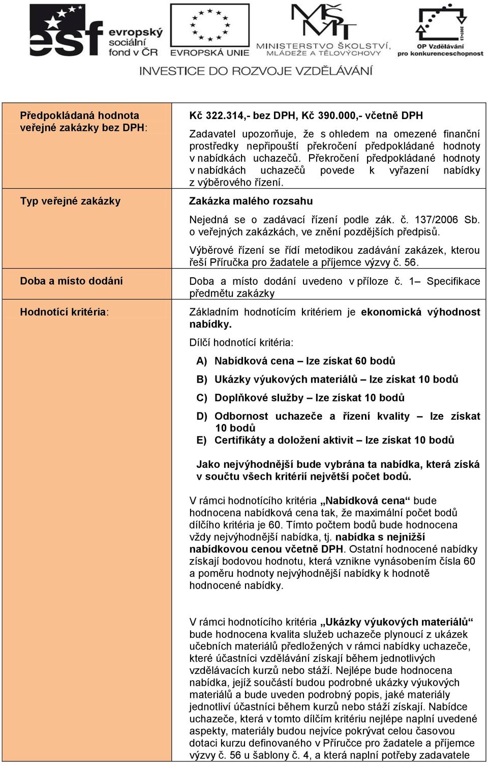 Překročení předpokládané hodnoty v nabídkách uchazečů povede k vyřazení nabídky z výběrového řízení. Zakázka malého rozsahu Nejedná se o zadávací řízení podle zák. č. 137/2006 Sb.