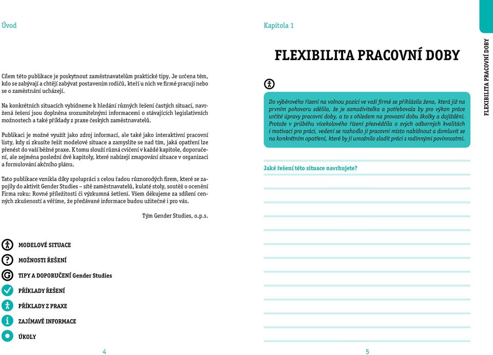 Na konkrétních situacích vybídneme k hledání různých řešení častých situací, navržená řešení jsou doplněna srozumitelnými informacemi o stávajících legislativních možnostech a také příklady z praxe