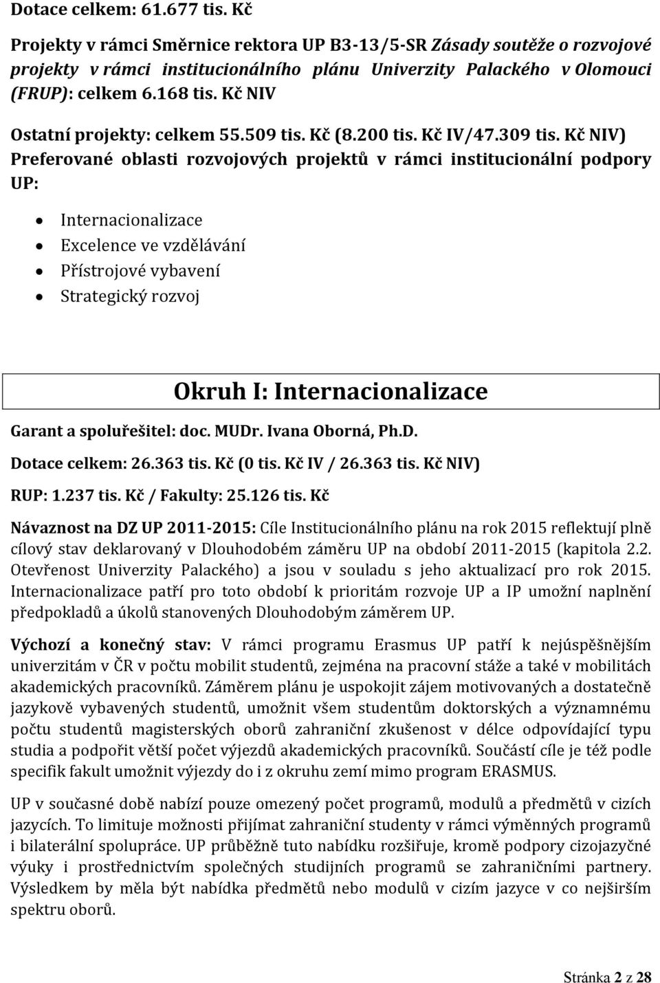 Kč NIV) Preferované oblasti rozvojových projektů v rámci institucionální podpory UP: Internacionalizace Excelence ve vzdělávání Přístrojové vybavení Strategický rozvoj Okruh I: Internacionalizace