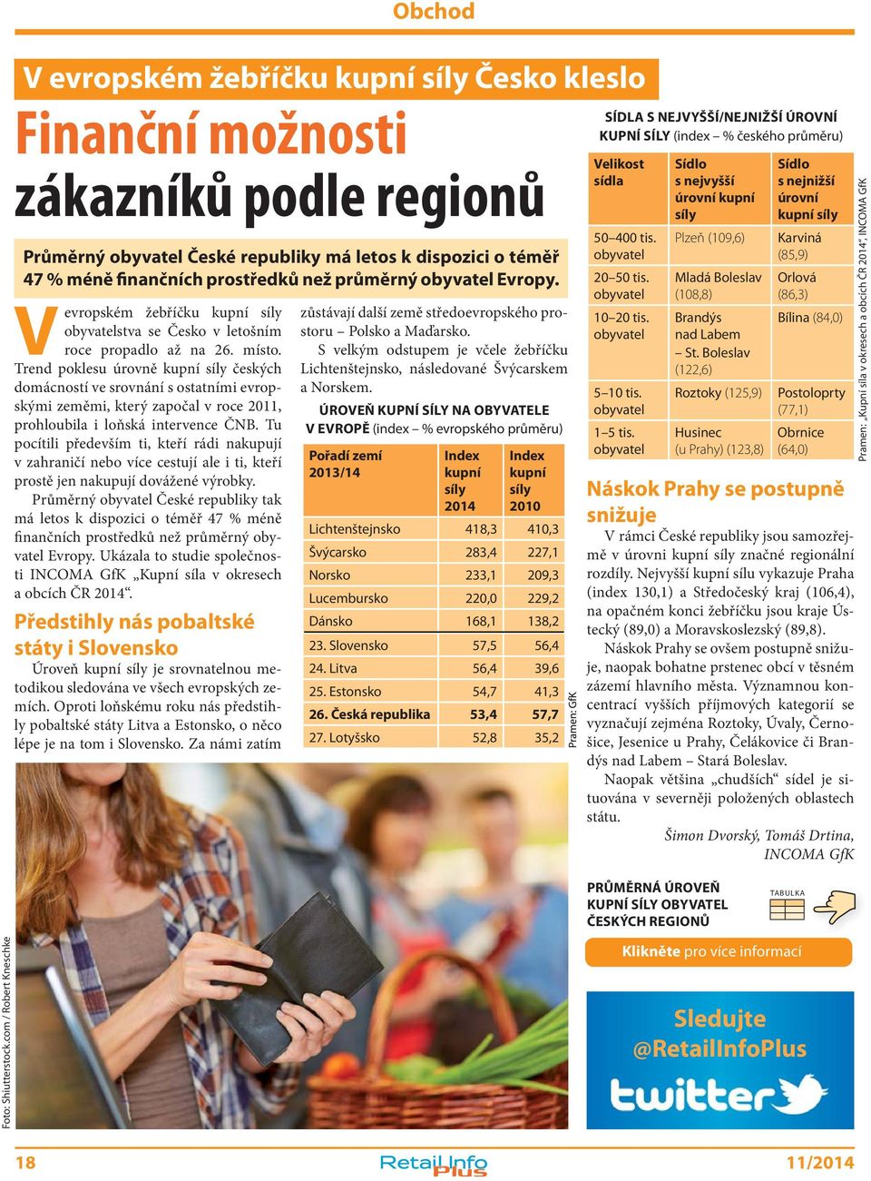 Trend poklesu úrovně kupní síly českých domácností ve srovnání s ostatními evropskými zeměmi, který započal v roce 2011, prohloubila i loňská intervence ČNB.