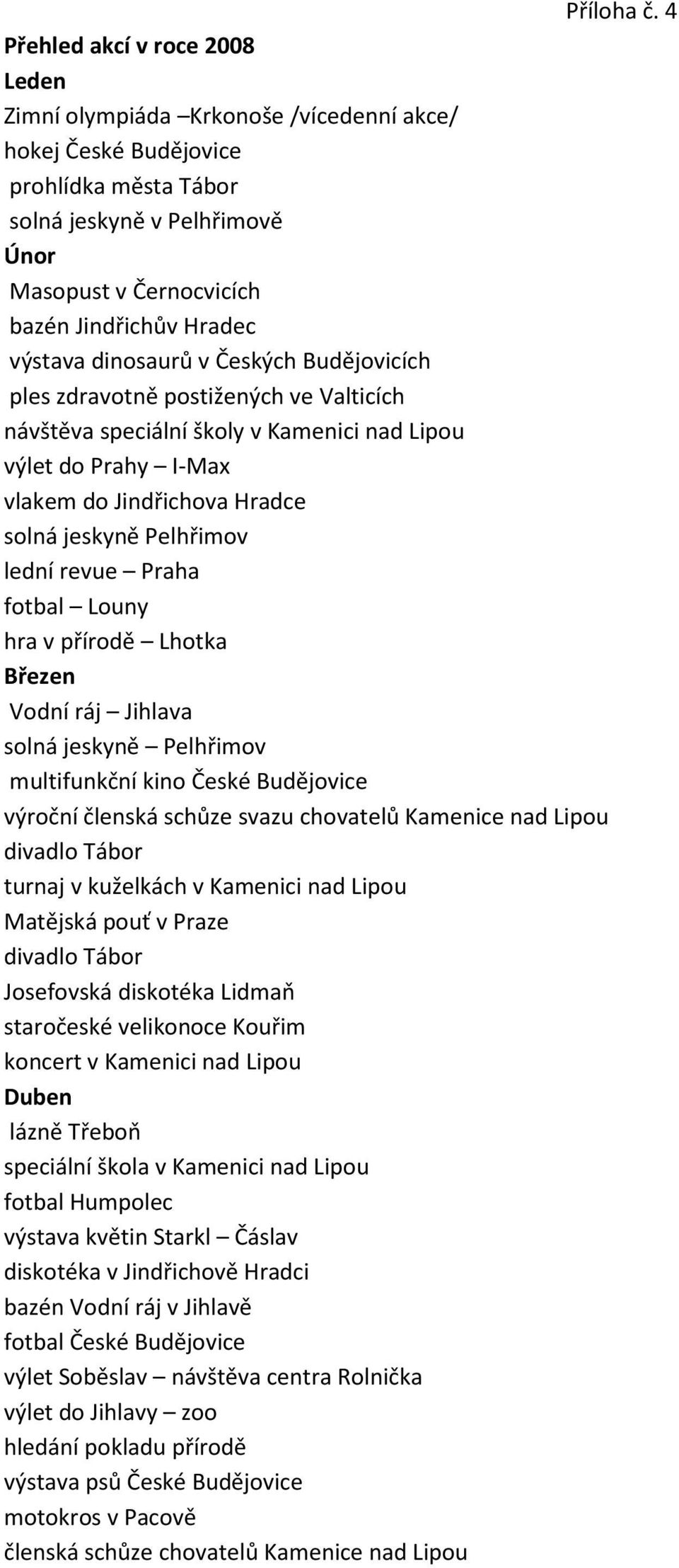 výstava dinosaurů v Českých Budějovicích ples zdravotně postižených ve Valticích návštěva speciální školy v Kamenici nad Lipou výlet do Prahy I-Max vlakem do Jindřichova Hradce solná jeskyně