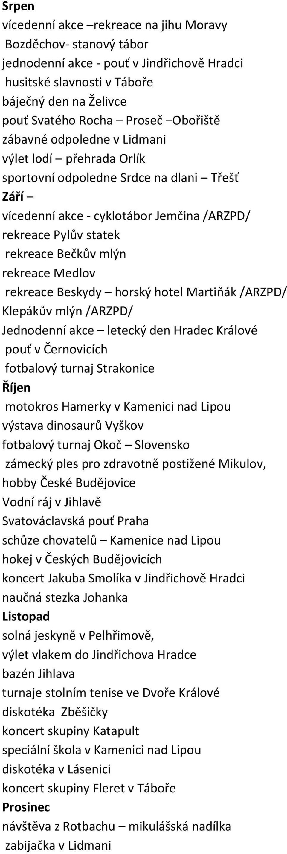 Medlov rekreace Beskydy horský hotel Martiňák /ARZPD/ Klepákův mlýn /ARZPD/ Jednodenní akce letecký den Hradec Králové pouť v Černovicích fotbalový turnaj Strakonice Říjen motokros Hamerky v Kamenici