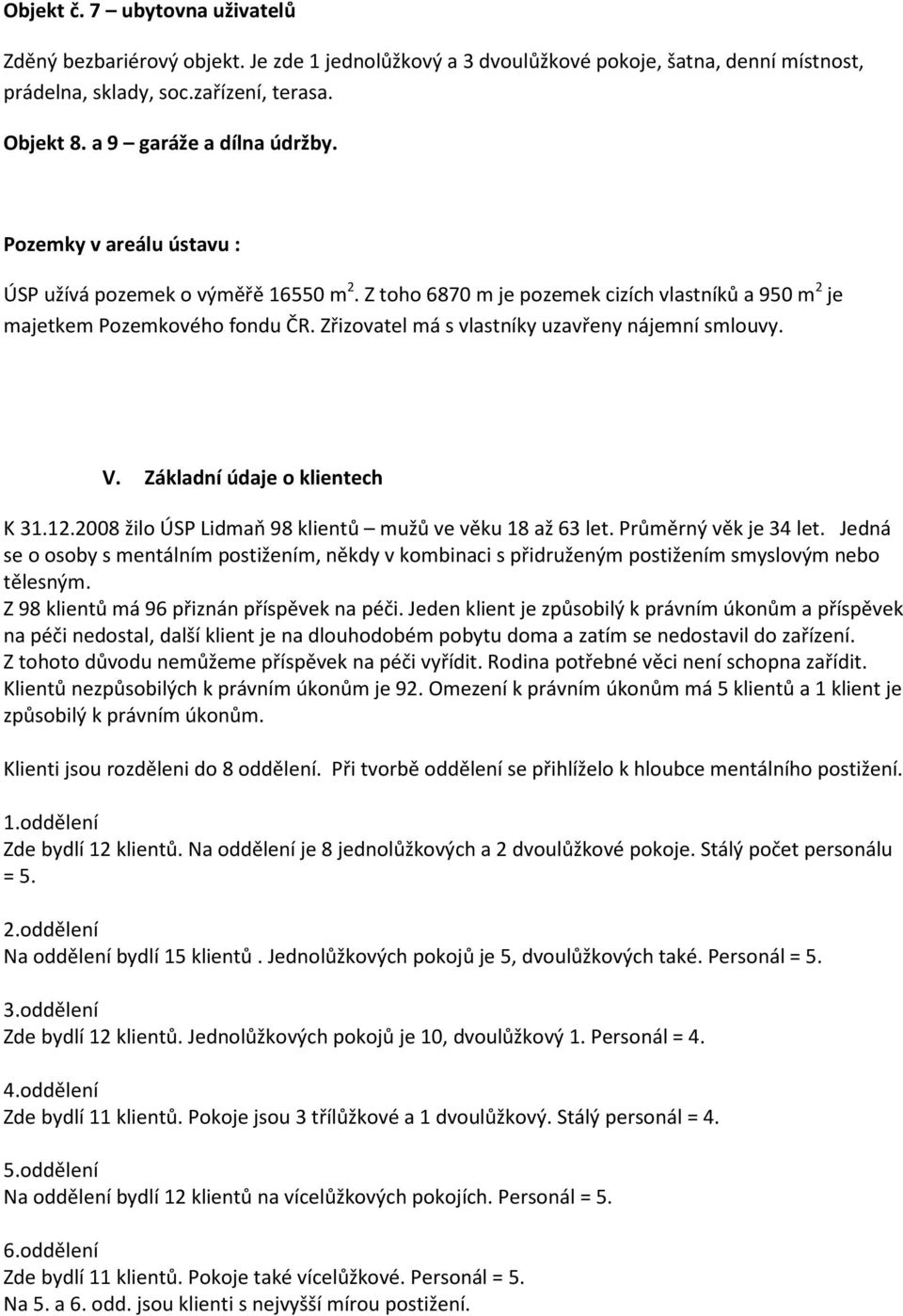 Zřizovatel má s vlastníky uzavřeny nájemní smlouvy. V. Základní údaje o klientech K 31.12.2008 žilo ÚSP Lidmaň 98 klientů mužů ve věku 18 až 63 let. Průměrný věk je 34 let.