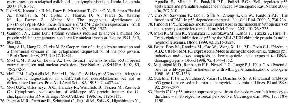 Cancer 2000, 89, 1976-1982. 71. Gannon J.V., Lane D.P.: Protein synthesis required to anchor a mutant p53 protein which is temperature-sensitive for nuclear transport. Nature 1991, 349, 802-806. 72.