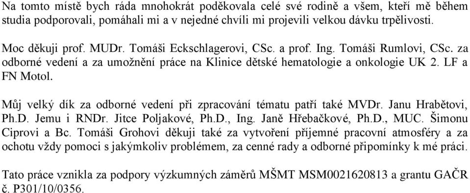 Můj velký dík za odborné vedení při zpracování tématu patří také MVDr. Janu Hrabětovi, Ph.D. Jemu i RNDr. Jitce Poljakové, Ph.D., Ing. Janě Hřebačkové, Ph.D., MUC. Šimonu Ciprovi a Bc.