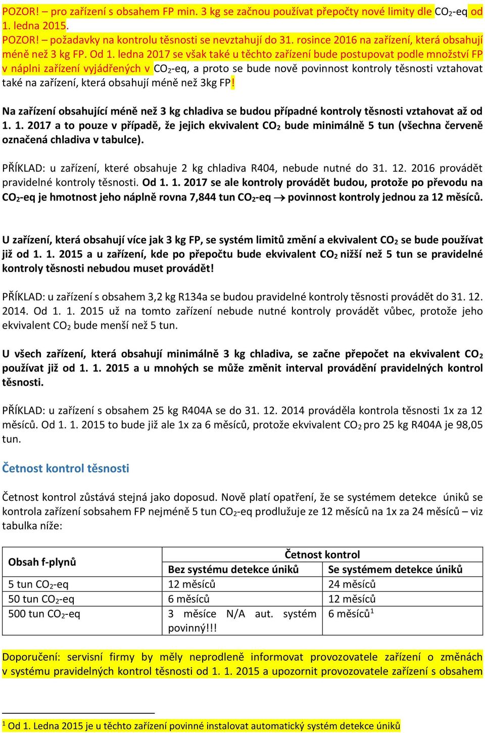 ledna 2017 se však také u těchto zařízení bude postupovat podle množství FP v náplni zařízení vyjádřených v CO 2-eq, a proto se bude nově povinnost kontroly těsnosti vztahovat také na zařízení, která