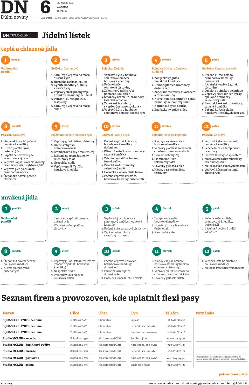 Vepřová kýta v houbové smetanové omáčce, 2. Pečené kuře, tomatové 3. Zeleninový talíř s rybí pomazánkou, chléb 4. Smažený hermelín, brambory, tatarská omáčka 5.