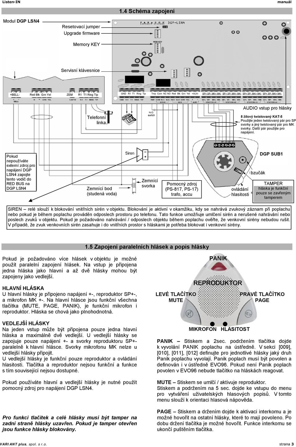 +AUX- SP+ SP- MK+ MK- SP+ SP- MK+ MK- SP+ SP- MK+ MK- SP+ SP- MK+ MK- AUDIO vstup pro hlásky Telefonní linka 8 žilový twistovaný KAT-5 Použijte jeden twistovaný pár pro SP svorky a jiný twistovaný