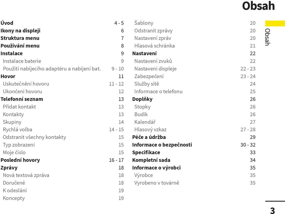 Poslední hovory 16-17 Zprávy 18 Nová textová zpráva 18 Doručené 18 K odeslání 19 Koncepty 19 Šablony 20 Odstranit zprávy 20 Nastavení zpráv 20 Hlasová schránka 21 Nastavení 22 Nastavení zvuků 22