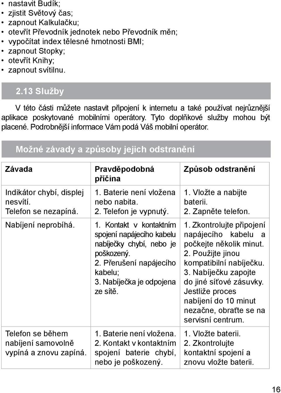 Podrobnější informace Vám podá Váš mobilní operátor. Možné závady a způsoby jejich odstranění Závada Indikátor chybí, displej nesvítí. Telefon se nezapíná. Nabíjení neprobíhá.