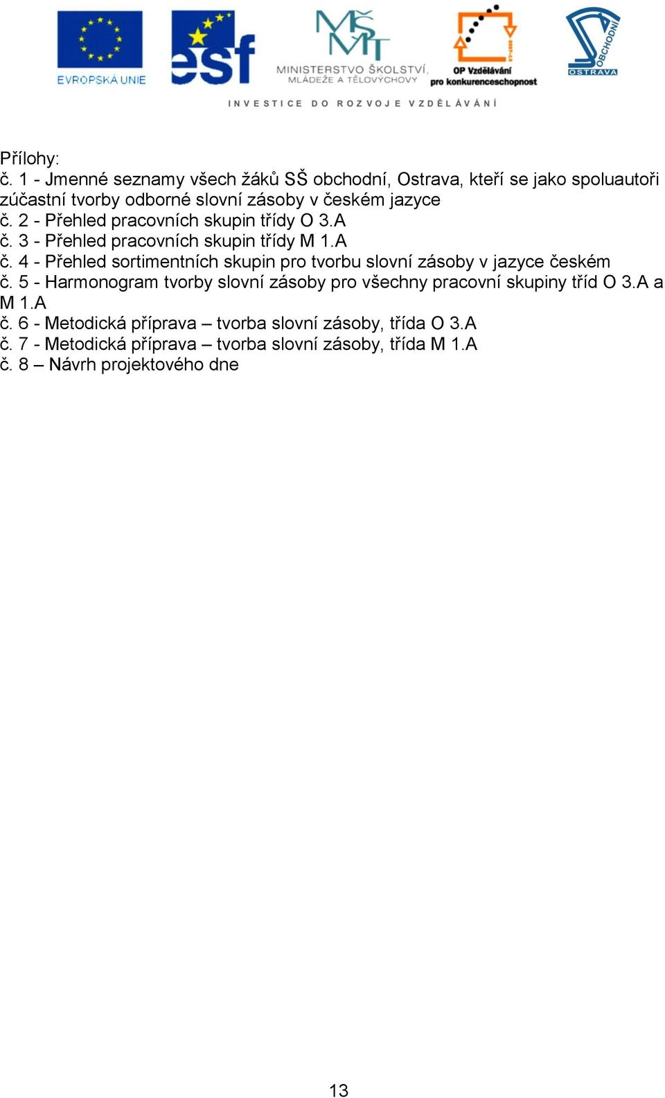 2 - Přehled pracovních skupin třídy O 3.A č. 3 - Přehled pracovních skupin třídy M 1.A č. 4 - Přehled sortimentních skupin pro tvorbu slovní zásoby v jazyce českém č.