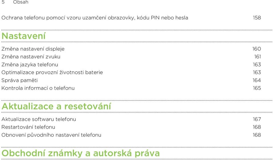 163 Správa paměti 164 Kontrola informací o telefonu 165 Aktualizace a resetování Aktualizace softwaru