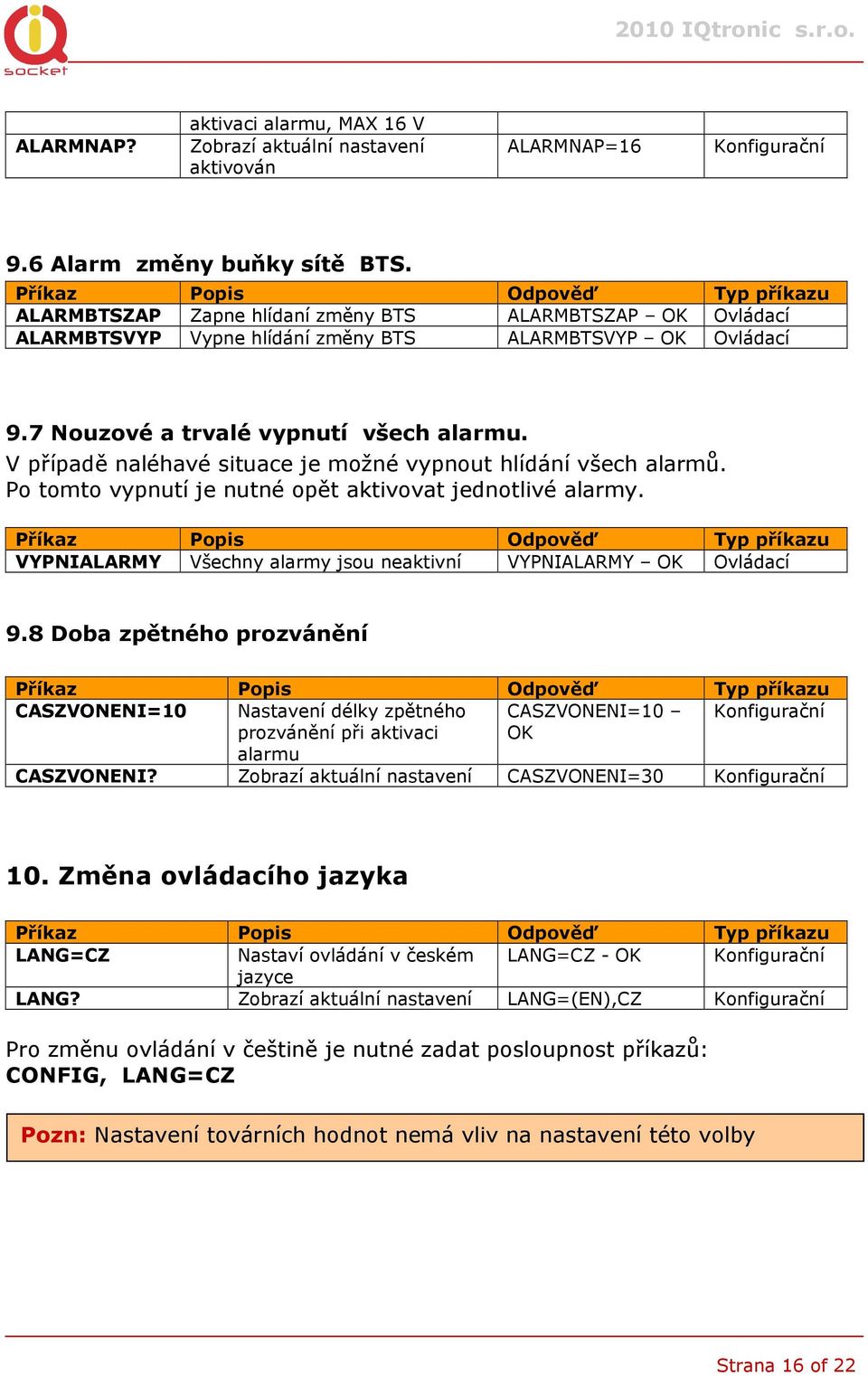 V případě naléhavé situace je možné vypnout hlídání všech alarmů. Po tomto vypnutí je nutné opět aktivovat jednotlivé alarmy. VYPNIALARMY Všechny alarmy jsou neaktivní VYPNIALARMY 9.