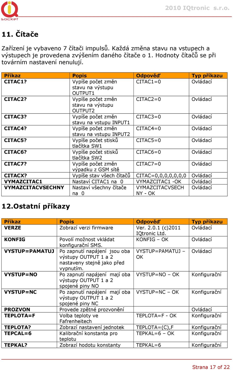 Vypíše počet změn CITAC4=0 stavu na vstupu INPUT2 CITAC5? Vypíše počet stisků CITAC5=0 tlačítka SW1 CITAC6? Vypíše počet stisků CITAC6=0 tlačítka SW2 CITAC7?