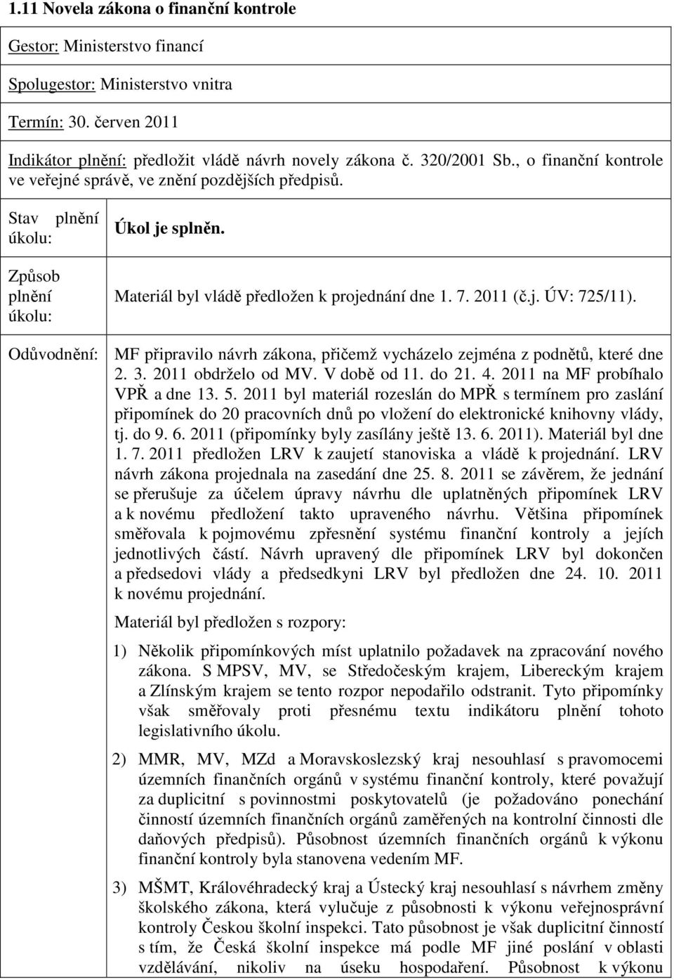 Odůvodnění: MF připravilo návrh zákona, přičemž vycházelo zejména z podnětů, které dne 2. 3. 2011 obdrželo od MV. V době od 11. do 21. 4. 2011 na MF probíhalo VPŘ a dne 13. 5.