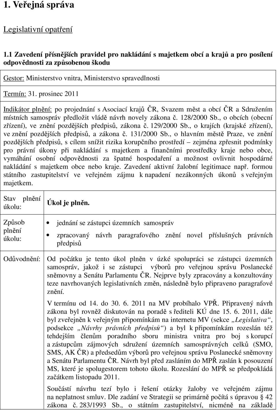 prosinec 2011 Indikátor : po projednání s Asociací krajů ČR, Svazem měst a obcí ČR a Sdružením místních samospráv předložit vládě návrh novely zákona č. 128/2000 Sb.