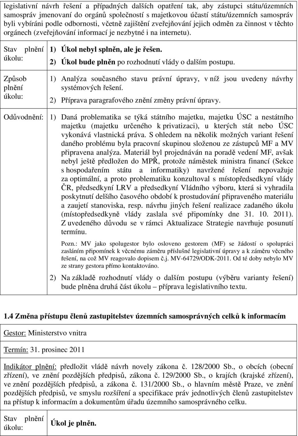 2) Úkol bude plněn po rozhodnutí vlády o dalším postupu. 1) Analýza současného stavu právní úpravy, v níž jsou uvedeny návrhy systémových řešení. 2) Příprava paragrafového znění změny právní úpravy.