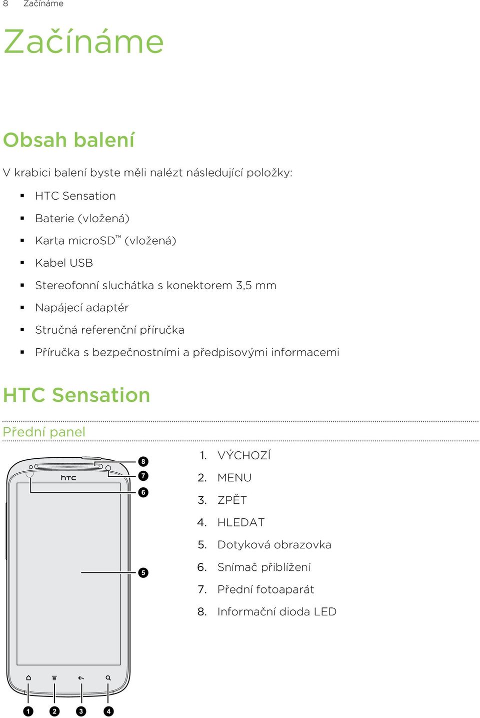 referenční příručka Příručka s bezpečnostními a předpisovými informacemi HTC Sensation Přední panel 1.