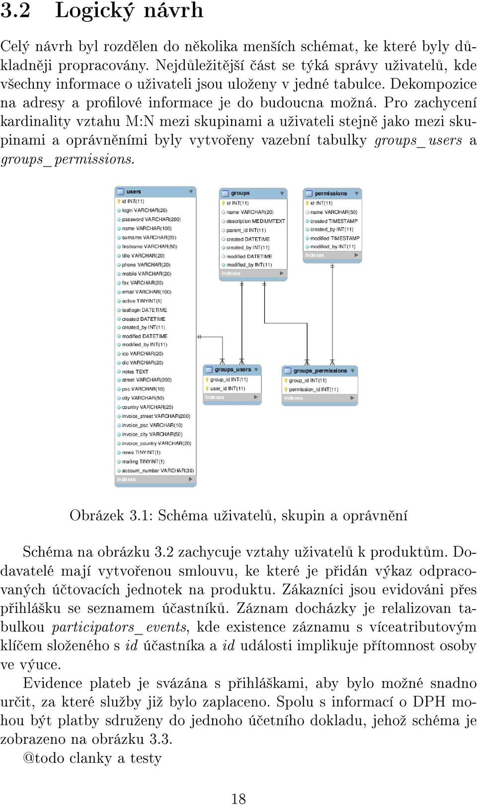 Pro zachycení kardinality vztahu M:N mezi skupinami a uºivateli stejn jako mezi skupinami a oprávn ními byly vytvo eny vazební tabulky groups_users a groups_permissions. Obrázek 3.