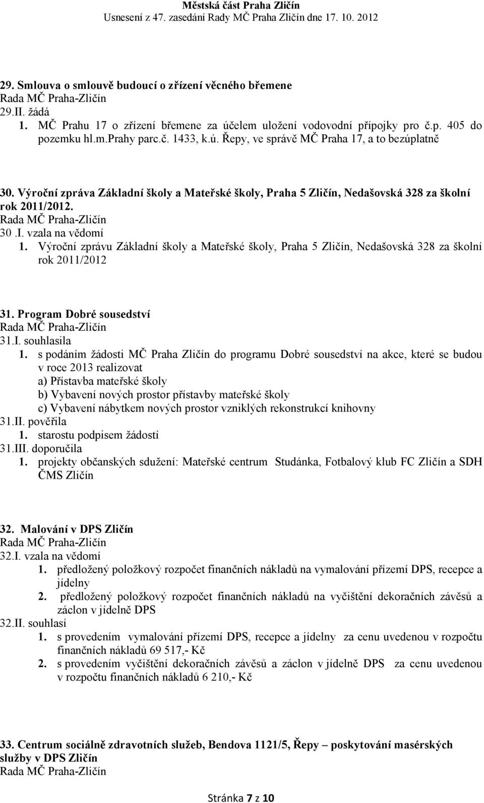 Výroční zprávu Základní školy a Mateřské školy, Praha 5 Zličín, Nedašovská 328 za školní rok 2011/2012 31. Program Dobré sousedství 31.I. souhlasila 1.