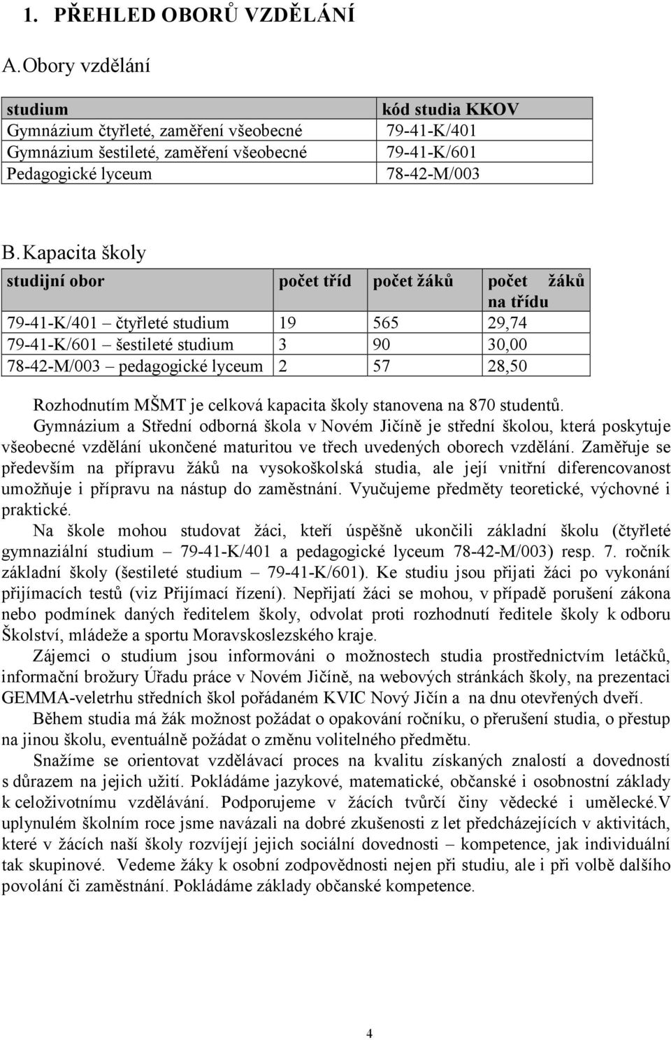 Kapacita školy studijní obor počet tříd počet žáků počet žáků na třídu 79-41-K/401 čtyřleté studium 19 565 29,74 79-41-K/601 šestileté studium 3 90 30,00 78-42-M/003 pedagogické lyceum 2 57 28,50