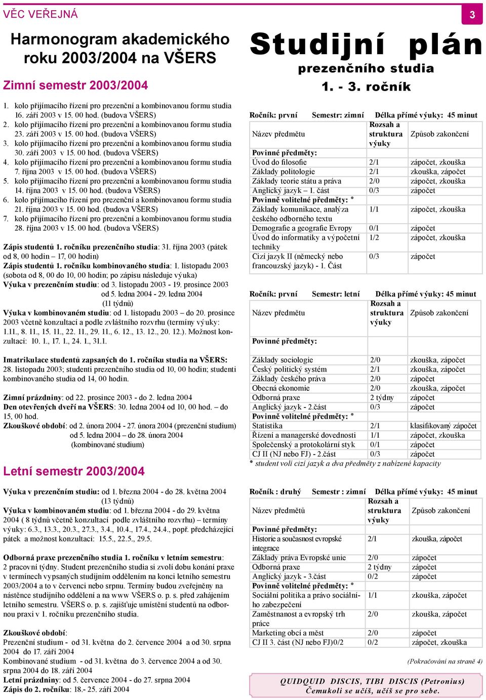 kolo přijímacího řízení pro prezenční a kombinovanou formu studia 7. října 2003 v 15. 00 hod. (budova VŠERS) 5. kolo přijímacího řízení pro prezenční a kombinovanou formu studia 14. října 2003 v 15. 00 hod. (budova VŠERS) 6.