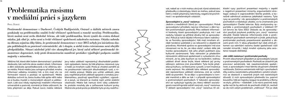 Problematiku, která možná není zcela důsledně řešena, ale také problematiku, která vynáší do centra diskuzí otázku, jak silně je, nebo není u české většinové společnosti zakořeněn rasismus.