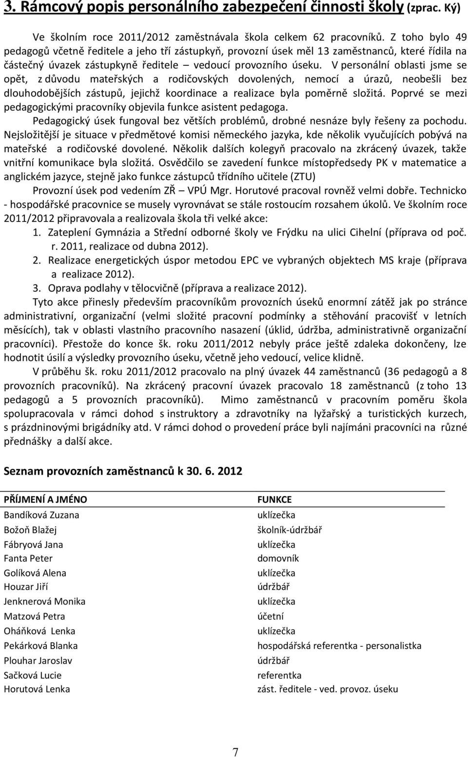 V personální oblasti jsme se opět, z důvodu mateřských a rodičovských dovolených, nemocí a úrazů, neobešli bez dlouhodobějších zástupů, jejichž koordinace a realizace byla poměrně složitá.