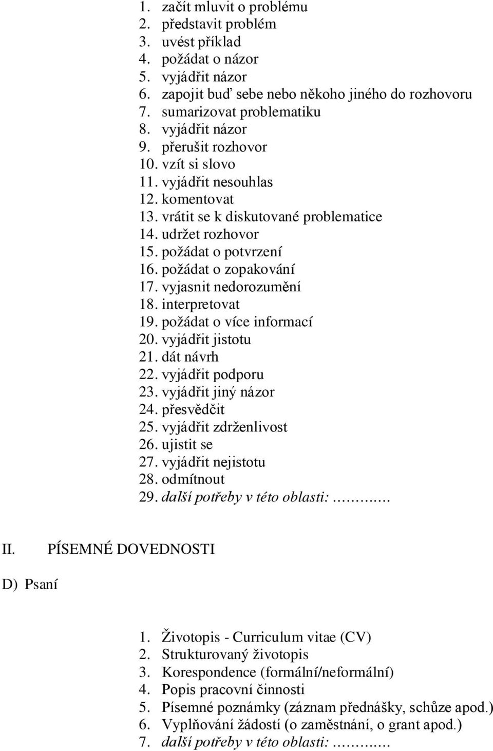 požádat o zopakování 17. vyjasnit nedorozumění 18. interpretovat 19. požádat o více informací 20. vyjádřit jistotu 21. dát návrh 22. vyjádřit podporu 23. vyjádřit jiný názor 24. přesvědčit 25.