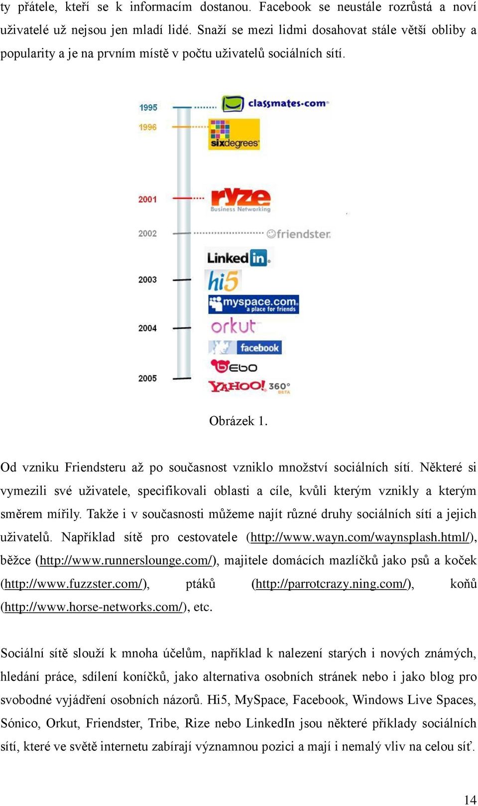 Od vzniku Friendsteru až po současnost vzniklo množství sociálních sítí. Některé si vymezili své uživatele, specifikovali oblasti a cíle, kvůli kterým vznikly a kterým směrem mířily.