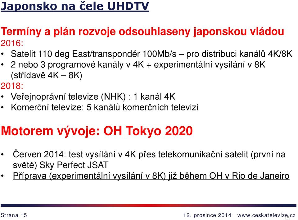 (NHK) : 1 kanál 4K Komerční televize: 5 kanálů komerčních televizí Motorem vývoje: OH Tokyo 2020 Červen 2014: test vysílání v 4K přes