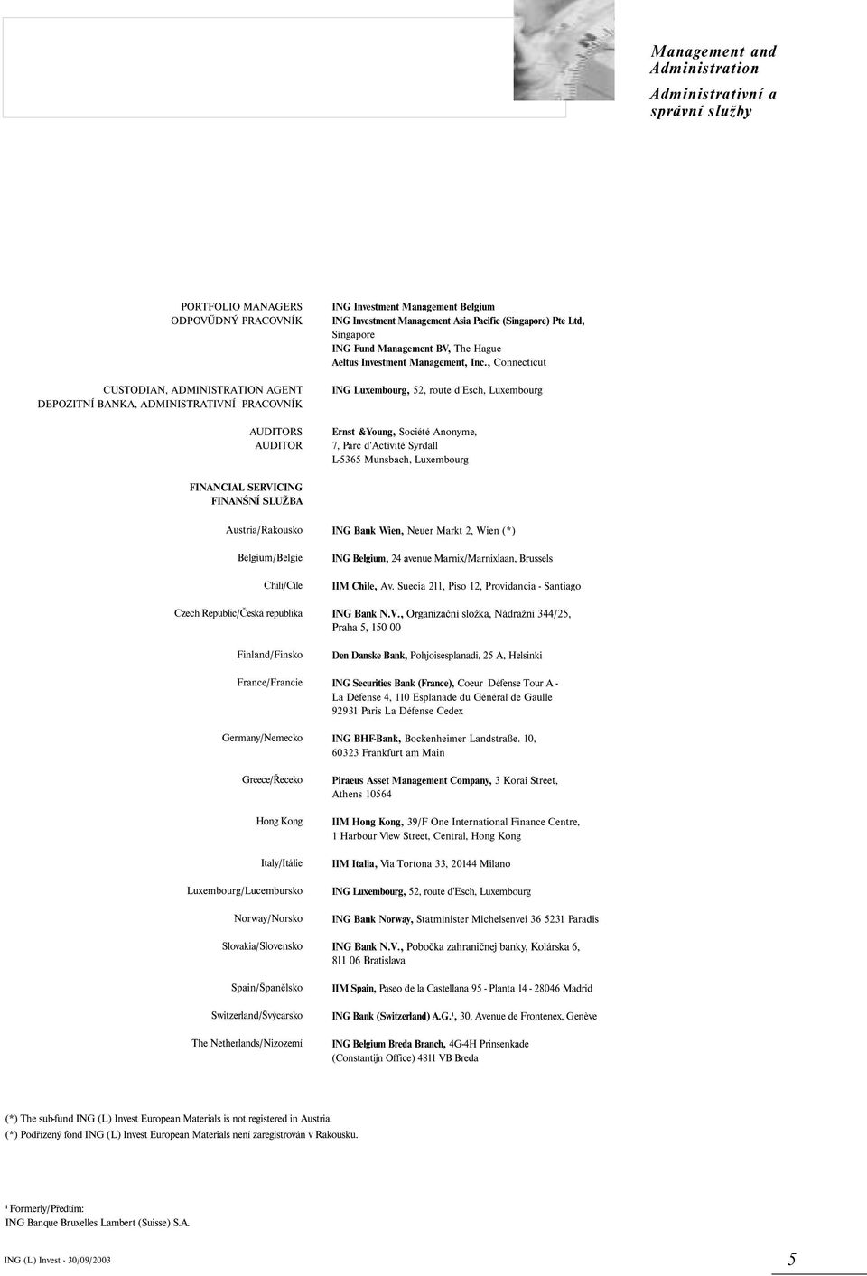 , Connecticut ING Luxembourg, 52, route d'esch, Luxembourg Ernst &Young, Société Anonyme, 7, Parc d'activité Syrdall L5365 Munsbach, Luxembourg FINANCIAL SERVICING FINANŚNÍ SLUŽBA Austria/Rakousko